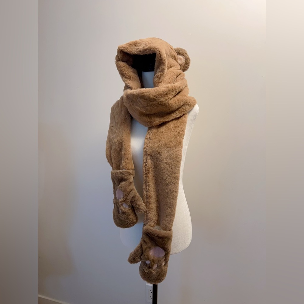 Fluffy super cute fur hooded scarf with gloves. BRAND NEW! Good for ski helmets.